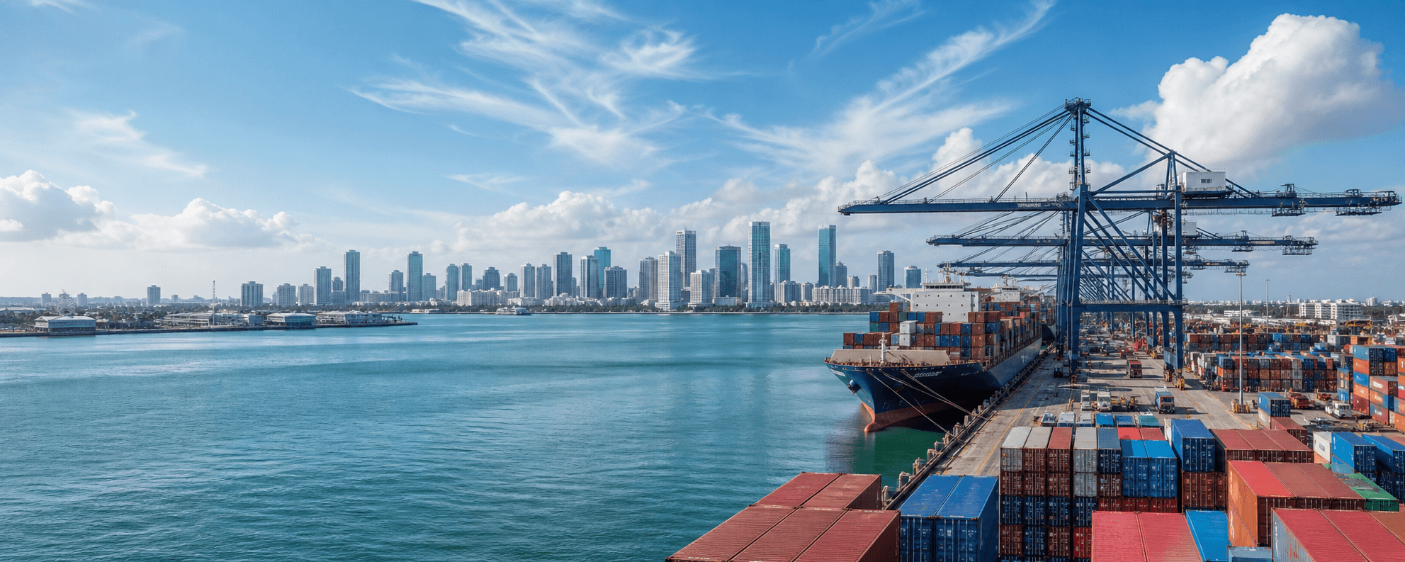 Puerto de Miami con contenedores, barco de carga y skyline